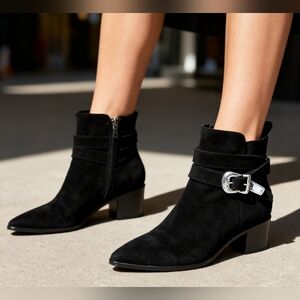 Marc Fisher Western Black Suede Pointed Toe Ankle Boots Buckle Strap Size 7.5
